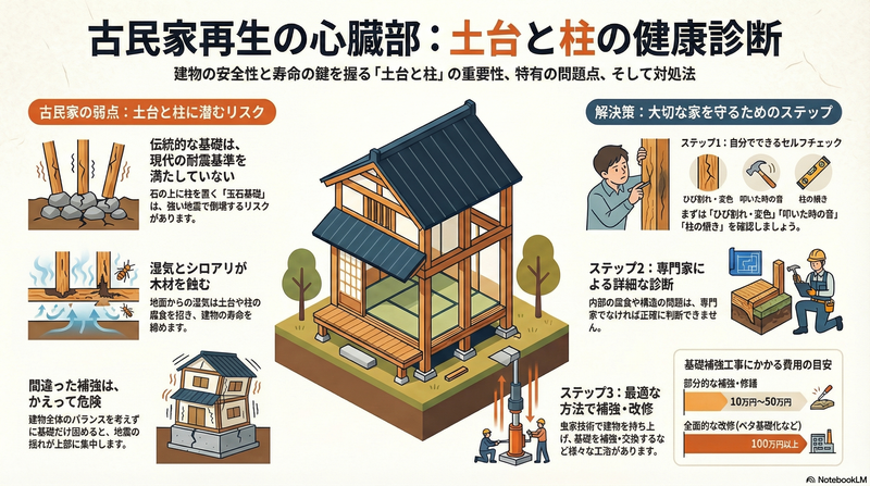 古民家再生における土台と柱の修繕